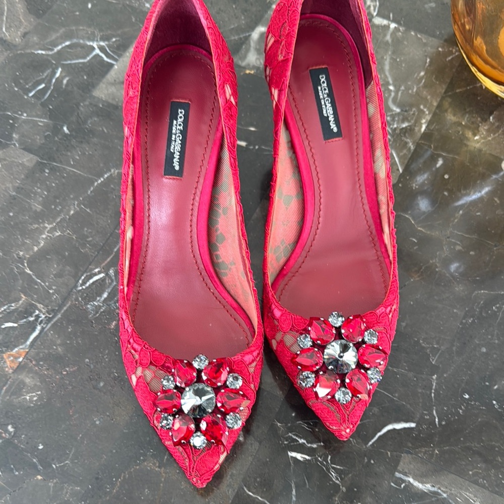 Dolce & Gabbana Red Lace Embellished Women's Shoes